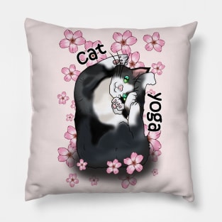 Cute cartoon black and white cat yoga pose in pink flowers Pillow