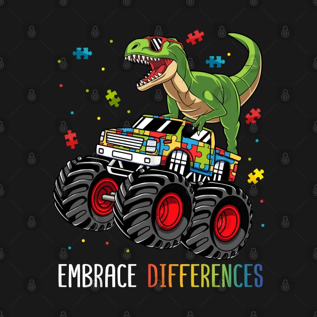 Dinosaur Monster Truck Embrace Differences Autism Awareness by HCMGift