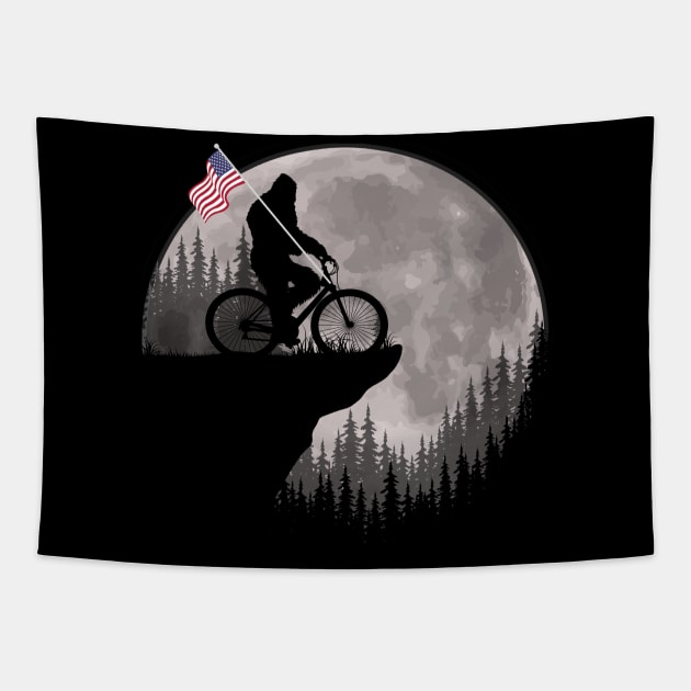 Bigfoot Riding A Bike American Flag Tapestry by Tesszero