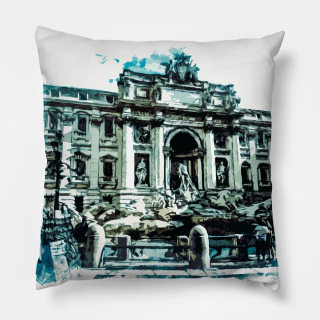 ROME Italy Beautiful Trevi Fountain Watercolor Painting Travel Art Pillow by Naumovski