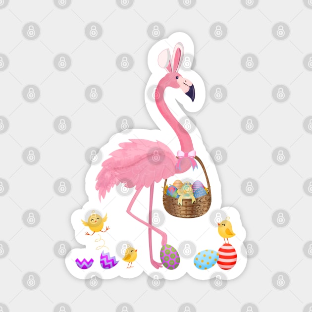 Pretty Easter Flamingo with Easter Basket Magnet by Dibble Dabble Designs