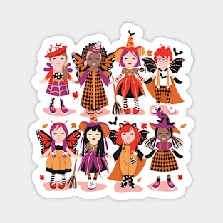 Witches dance // spot illustration // pink background red orange and berry pink halloween fantasy costumes Magnet