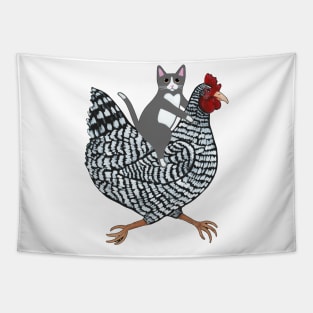 Grey Tuxedo Cat Chicken Ride! Tapestry