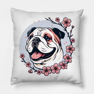 English Bulldog Revels in Spring's Cherry Blossoms Pillow