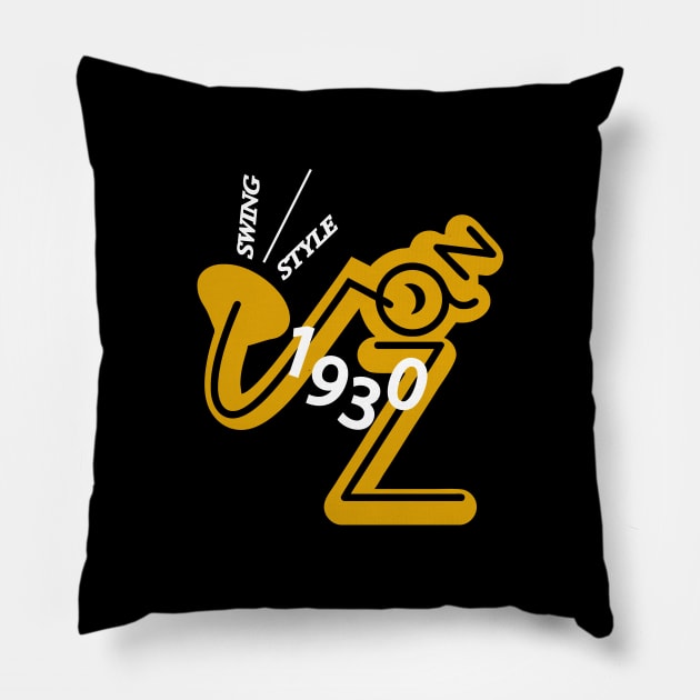 Jazz saxophone player 1930s swing style (gold/white) Pillow by aceofspace
