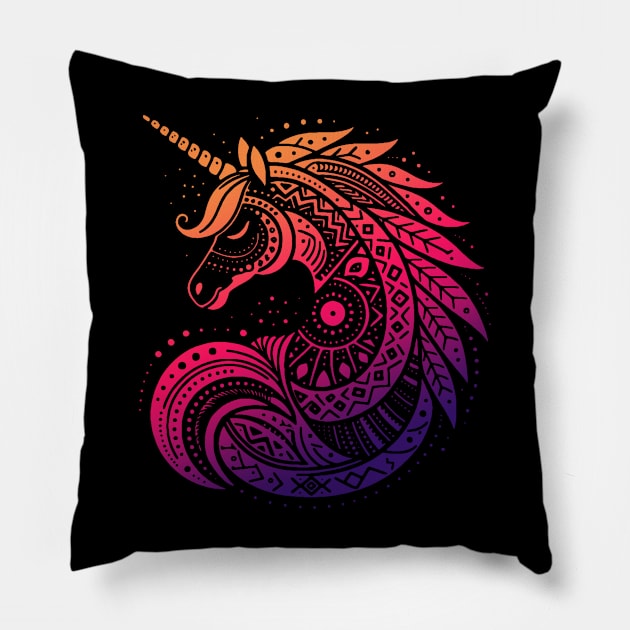 Ethereal Tribal Unicorn: Blending Mythology with Modern Styling Pillow by Etno Lounge