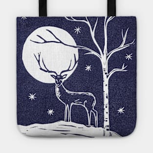 Stag in the Moonlight Blue and White LinoCut Tote