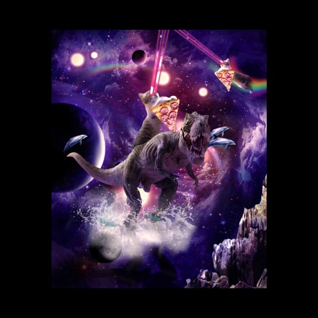 Rainbow Laser Space Cat On Dinosaur Eating Pizza by Random Galaxy