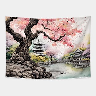 Drawing of Japanese Garden Tapestry