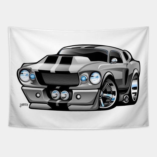 Classic Sixties American Muscle Car Cartoon Tapestry by hobrath