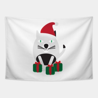 White Black Cartoon Cat with Santa Hat and Green Red Gifts Tapestry