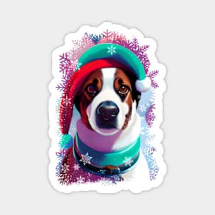 Dog wearing Santa Hat, christmas colorful snow ensemble pattern. Magnet