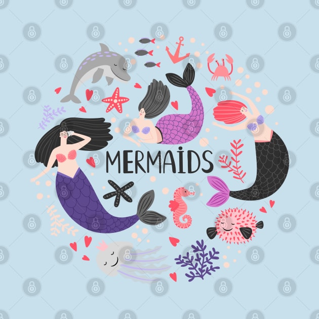 Mermaids doodle ocean animals by Mako Design 