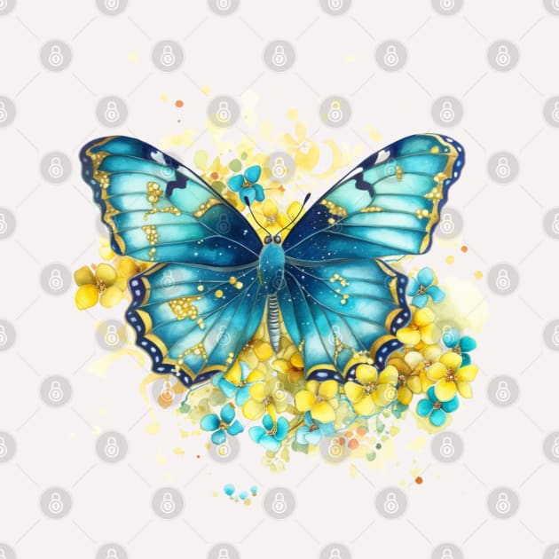 Blue and Gold Butterfly with Flowers by mw1designsart