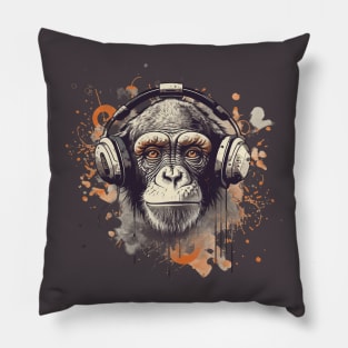 Monkey with headset listening music Pillow