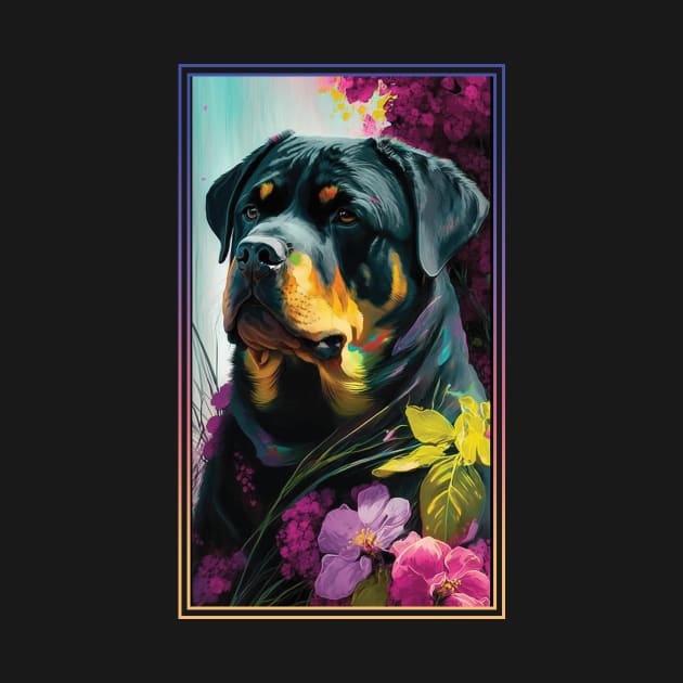 Rottweiler Dog Vibrant Tropical Flower Tall Digital Oil Painting Portrait by ArtHouseFlunky