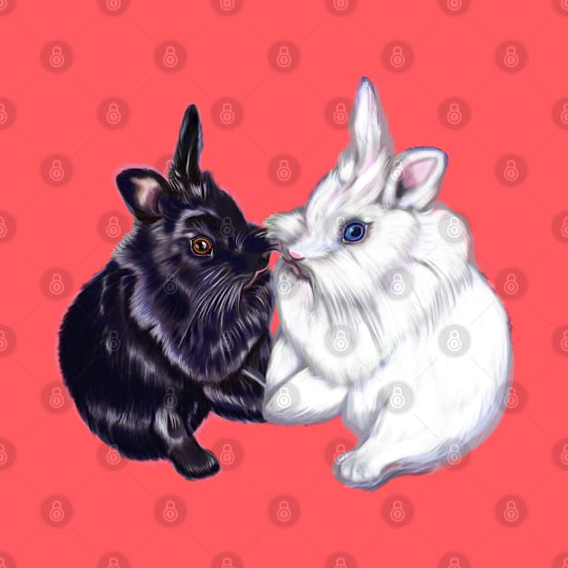 of bunny rabbits pair of cute furry ebony and snow colored coloured lionhead bunny rabbit by Artonmytee