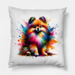 Vibrant Abstract Splashed Paint Pomeranian Dog Artwork Pillow