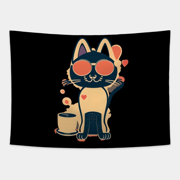 Cat Wearing Sunglasses Loves Coffee Tapestry by SavantArts