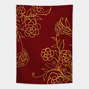 Red and Golden Floral Ornaments Tapestry