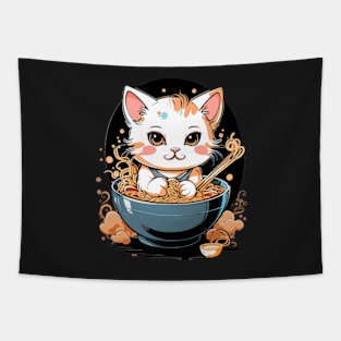 A kawaii cat eating ramen Tapestry