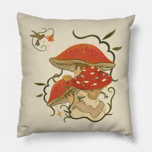 Vintage Mushroom Flower With Hummingbird Pillow