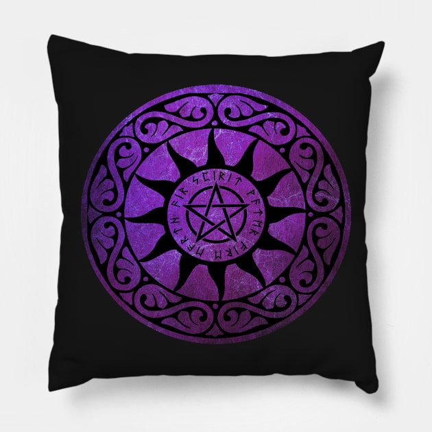 Five Elements Runic Magical Pentacle - Purple Version Pillow by sarahwainwright