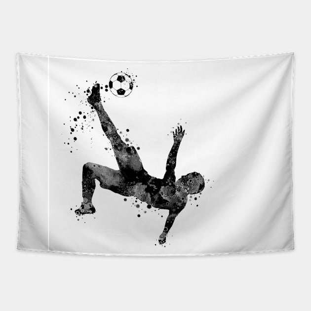 Boy Soccer Player Bicycle Kick Black and White Painting Tapestry by LotusGifts