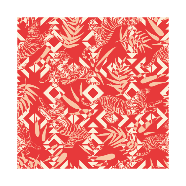 Tigers and Leaves with Tribal Shapes in Red by matise