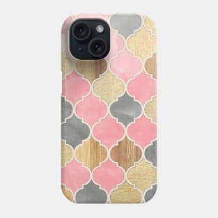 Silver Grey, Soft Pink, Wood & Gold Moroccan Pattern Phone Case