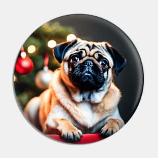 Pug Posing in Front of Christmas Tree Pin