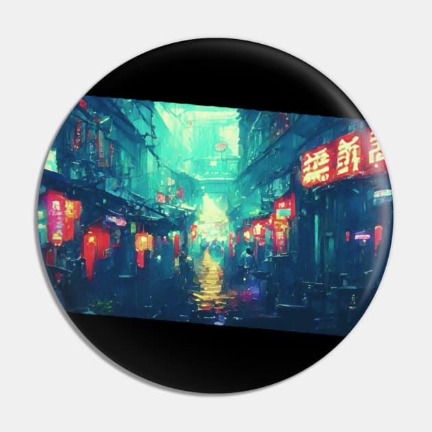 Cyberpunk Neon Rain City Pin by FabDesign