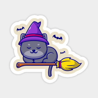 Cute Witch Cat Sleeping On Magic Broom Cartoon Magnet