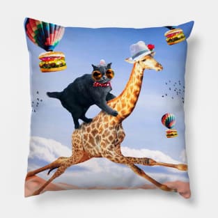 Cat Giraffe - Cat Riding Flying Giraffe with Burger Pillow