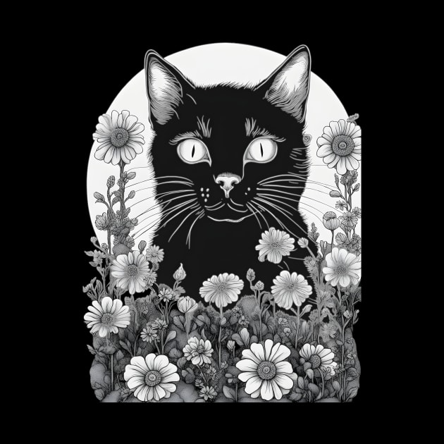 Aesthetic black cat  black and white with flowers by CAFFEIN