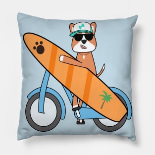 Kawaii surfer dog cycling and holding a surfboard Pillow