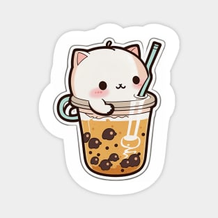 Cute Cat Drinking Bubble Tea Cartoon Boba Drawing Magnet