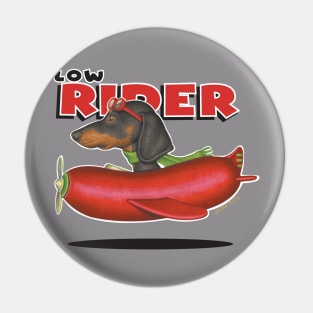 Fun Black and tan Dachshund flying a hot dog plane. Pin