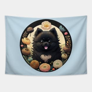 Black Pomeranian Flower Wreath Tapestry