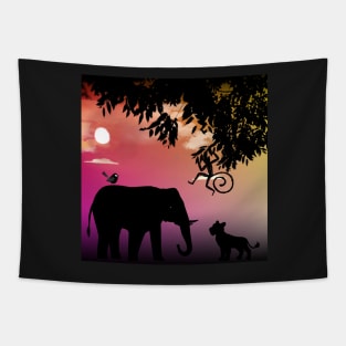 Animal Friends in the Jungle,sunset Tapestry