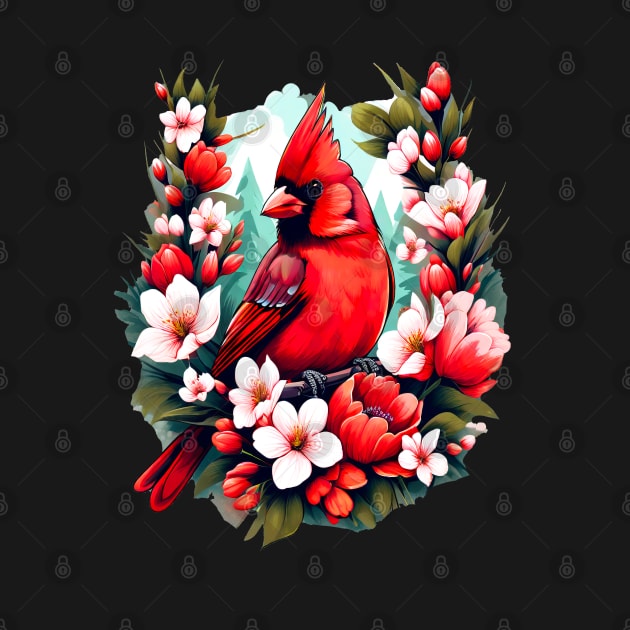 Cute Northern Cardinal Surrounded by Vibrant Spring Flowers by BirdsnStuff