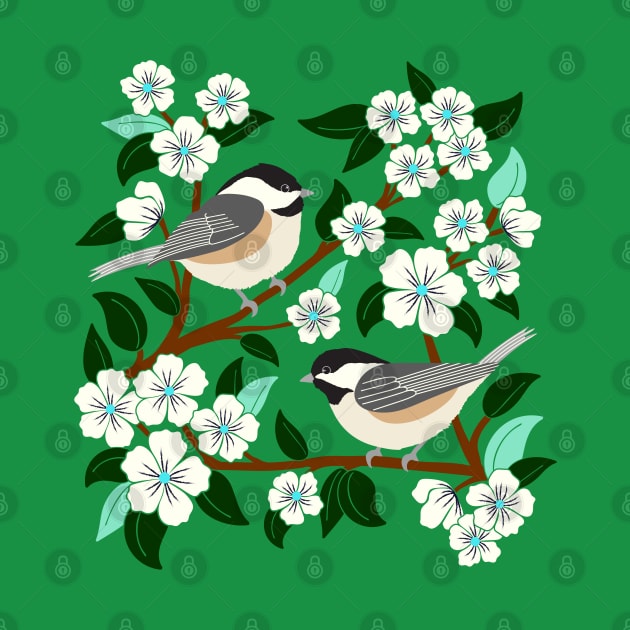 Chickadee birds among the flowers by Jennifer Ladd