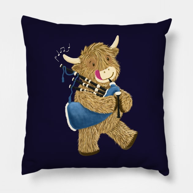 Wee Hamish The Happy Scottish Highland Cow Playing Bagpipes Pillow by brodyquixote