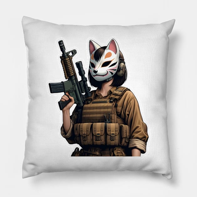 Tactical Kitsune Pillow by Rawlifegraphic