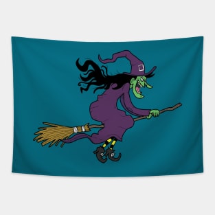 Creepy Witch Flying On a Broom Tapestry