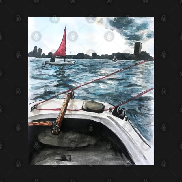 Sailing in Boston Watercolor by Lady Lilac