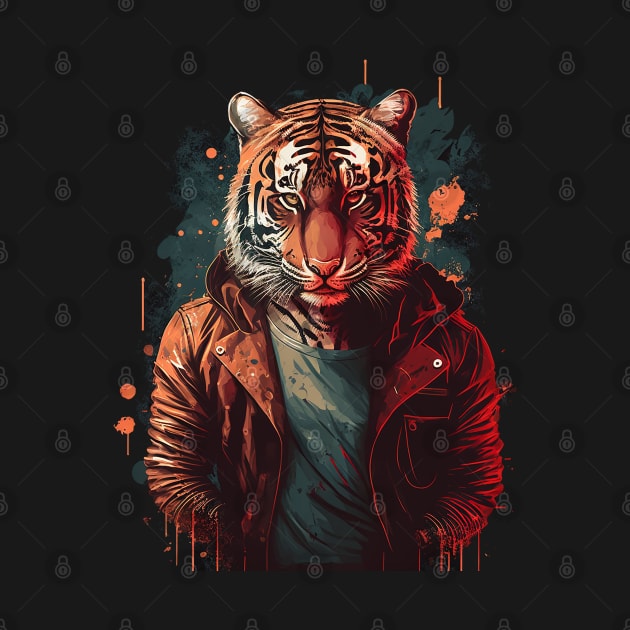 Pop Culture Tiger Wearing Leather Jacket by Alonesa