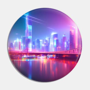 Ai Generated Art Scenery - Futuristic City With Bridge Over River Neon Lights Pin