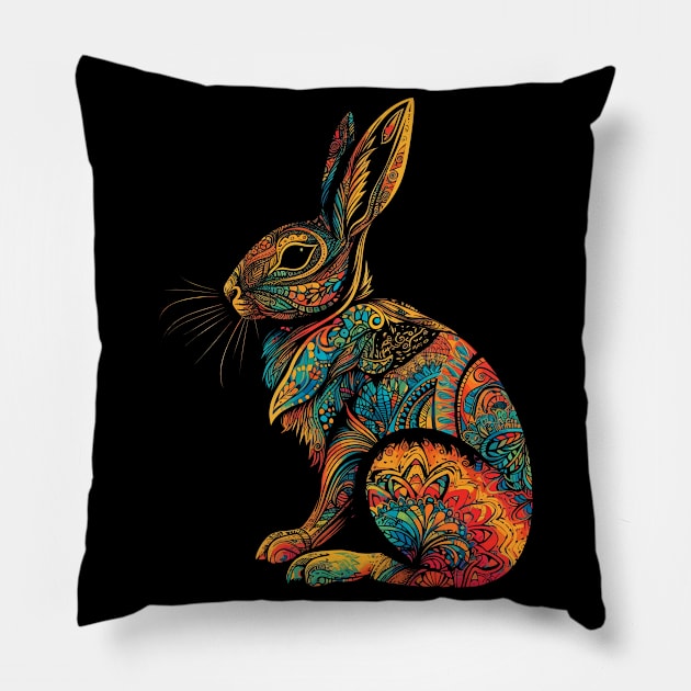 Colorful Mandala Easter Rabbit Drawing - Unique Artwork Pillow by TeeTrendz