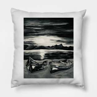 Boats on the Beach black & white Pillow